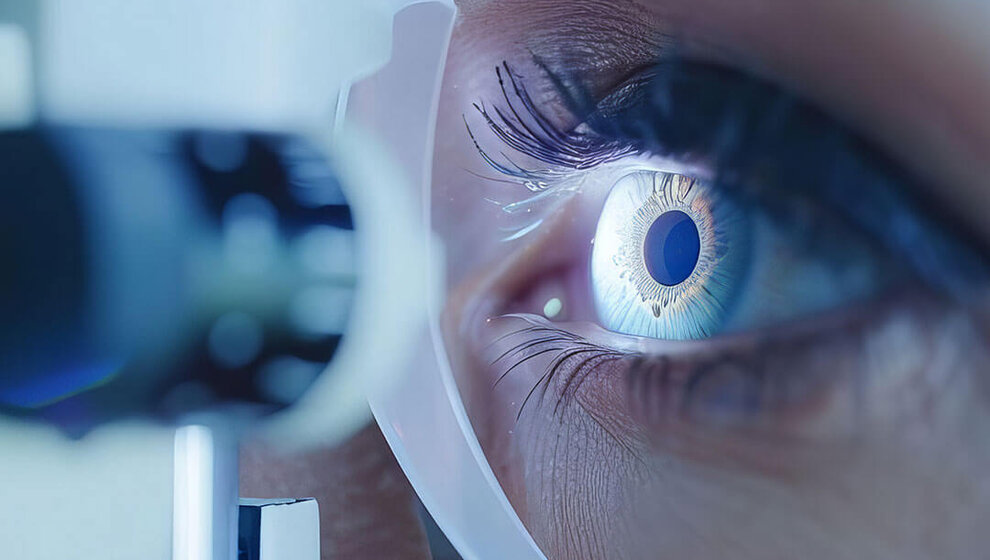 Dieses Bild zeigt eine Frau, die sich auf die Erkrankung "Grauer Star" untersuchen lässt - Augenlasern Wien, Dr. Atamniy
