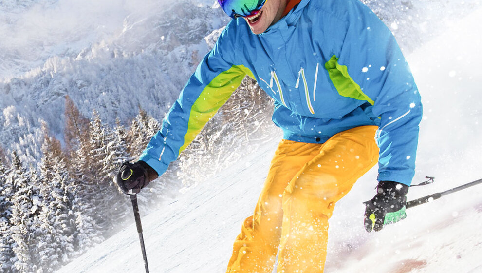 Veranschaulichung Schneeblindheit mit einem Schifahrer auf Piste - Augenlasern Wien, Dr. Atamniy